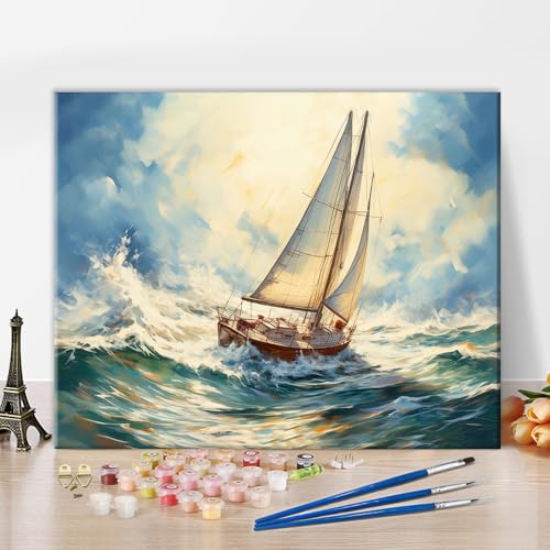 TISHIRON Segelboot Malen nach Zahlen Erwachsene, DIY Malen nach Zahlen für Erwachsene Seewelle, Acryl Malen nach Zahlen Kits auf Leinwand Segelyacht, Ölgemälde 40 x 50 cm(rahmenlos) von TISHIRON