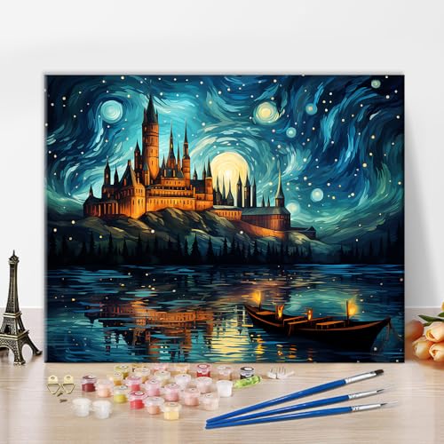 TISHIRON Sternenhimmel Schloss Farbe nach Zahlen Erwachsene, Schiff Abstraktion Farbe nach Zahl Kits auf Leinwand, Farbe nach Zahlen für Anfänger Kinder und Home Wand Dekor, rahmenlos 16"x20" von TISHIRON