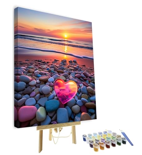 TISHIRON Strand DIY Malen nach Zahlen Erwachsene Meer Ölmalerei mit Pinseln Herz Stein Malen nach Zahlen Kits Ozean Sonnenuntergang Malen nach Zahlen Kunsthandwerk 40 x 50 cm(Rahmen) von TISHIRON