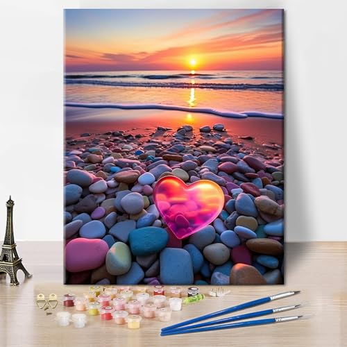 TISHIRON Strand DIY Malen nach Zahlen Erwachsene Meer Ölmalerei mit Pinseln Herz Stein Malen nach Zahlen Kits Ozean Sonnenuntergang Malen nach Zahlen Kunsthandwerk 40 x 50 cm(rahmenlos) von TISHIRON