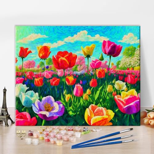 TISHIRON Malen nach Zahlen für Erwachsene,Tulpenmalerei für Kinder Bunte Blumen Malerei Malen nach Zahlen Kits Acrylfarbe,Zeichnung Malerei mit Pinseln Home Decor16x20 Zoll von TISHIRON