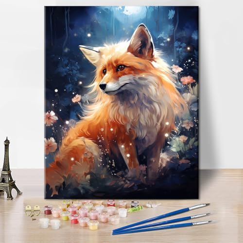 TISHIRON Tier Malen Nach Zahlen, Schöner Fuchs auf Einer Wiese Mit Blumen Malen nach Zahlen für Erwachsene, Fuchs Malen nach Zahlen Kits auf Leinwand für Zuhause Wanddekoration, 40x50 CM, (Rahmenlos) von TISHIRON