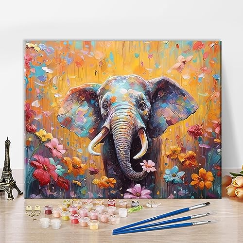 TISHIRON Tier Malen nach Zahlen, Elefant und Blumen Malen nach Zahlen für Erwachsene Leinwand, buntes Malen nach Zahlen mit Pinseln und Pigment, Rahmenlose Ölmalerei Bastelset, 40x50 CM von TISHIRON