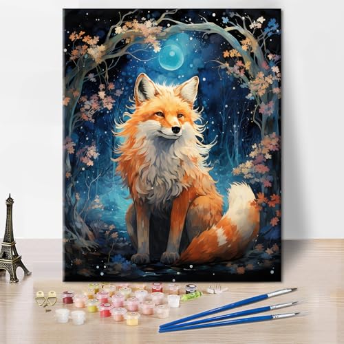 TISHIRON Tier Malen nach Zahlen, Fuchs sitzend im Wald mit Vollmond Malen nach Zahlen Kits, Fuchs Malen nach Zahlen für Wanddekoration, Ölgemälde mit Pinsel und Pigment, 40x50 CM, (Rahmenlos) von TISHIRON