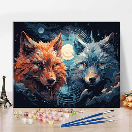 TISHIRON Tier Malen nach Zahlen Erwachsene Wolf DIY Öl Leinwand Gemälde Set Mondlicht Acrylic Malen Zwei Wölfe Malerei Heimwerk Kit Wanddekoration Ölgemälde für Kinder Anfänger 40x50 cm(Rahmenlos) von TISHIRON