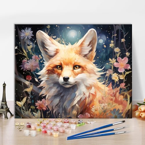 TISHIRON Tier Malen nach Zahlen für Erwachsene, Fuchs mit Blumen Malen nach Zahlen Kit mit Pinsel und Pigment, Wald Ölgemälde auf Leinwand für Wanddekoration, 40x50 CM (Rahmenlos) von TISHIRON