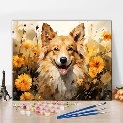 TISHIRON Tiere Corgi Hund Handgemalt Ölgemälde Kit für Anfänger und Kinder, DIY Blume Malen Nach Zahlen Erwachsene, Kommt Mit Farbe und Pinsel für Wohnzimmer Schlafzimmer Deko, 40x50cm Rahmenlos von TISHIRON