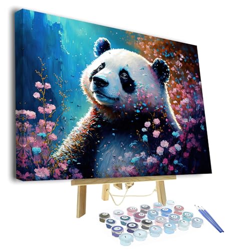 TISHIRON Tiere DIY Malen nach Zahlen Erwachsene Panda und Blumen Erwachsene Malen nach Zahlen Kits mit Pinseln Acrylmalerei Kunsthandwerk für Erwachsene Kinder 40 x 50 cm(Rahmen) von TISHIRON