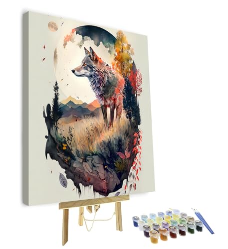 TISHIRON Tiere DIY Malen nach Zahlen Erwachsene mit Pinseln Wolf Erwachsene Malen nach Zahlen Kits Leinwand Geschenke Öl Hand Malerei Wald Landschaft Kunsthandwerk 40 x 50 cm(Rahmen) von TISHIRON