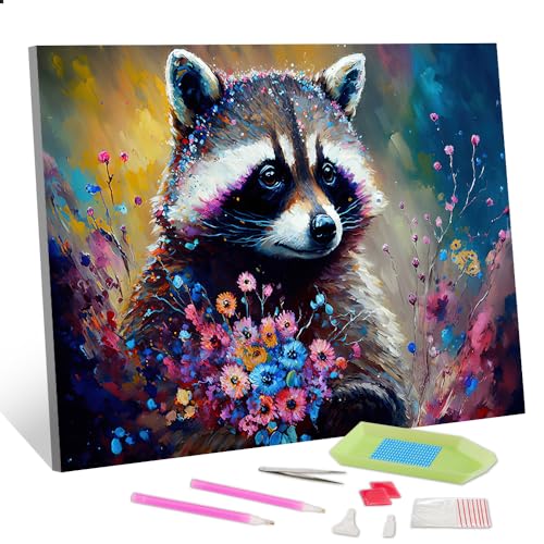 TISHIRON Tiere Diamond Painting Kits DIY Waschbär Diamond Art Paint mit runden Diamanten Blumen 5D Diamond Painting Full Drill Gem Art Kit Floral Art Crafts 12 "x16 von TISHIRON