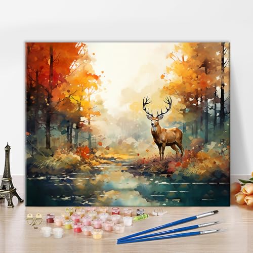 TISHIRON Tiere Malen nach Zahlen Bausatz für Erwachsene, Hirsche Malen nach Zahlen Bausatz auf Leinwand, Acrylmalerei nach Zahlen Wald, Ölgemälde für Zuhause 40 x 50 cm(rahmenlos) von TISHIRON