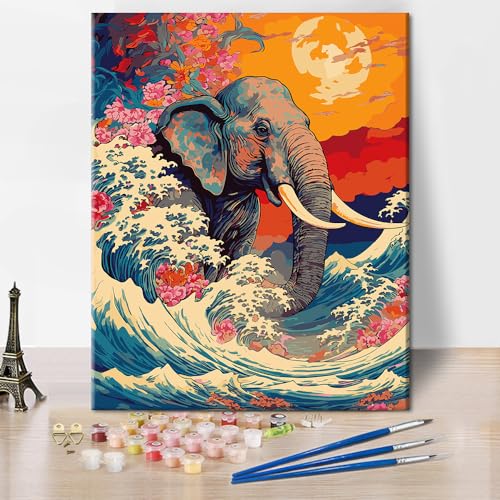 TISHIRON Tiere Malen nach Zahlen Erwachsene DIY Gemälde Eines Elefanten im Ozean Meereswelle Mond Landschaft Kunst Anfänger Kinder Malen nach Zahlen Set Leinwand Dekor 16x20 Zoll von TISHIRON