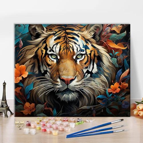 TISHIRON Tiere Malen nach Zahlen für Erwachsene, Tiger umgeben von Blättern und Blumen Malen nach Zahlen, DIY Ölgemälde auf Leinwand mit Pinseln und Pigment für Wanddekoration, 40x50 CM, rahmenlos von TISHIRON