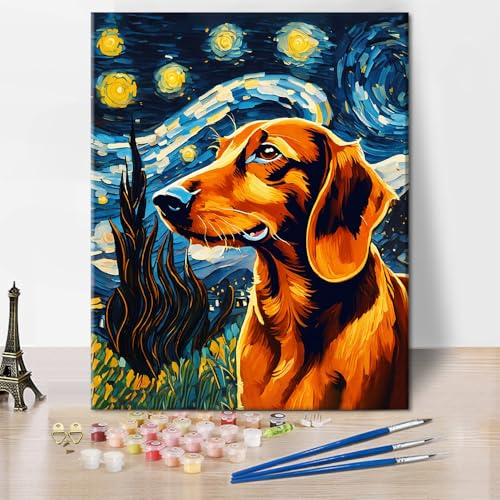 TISHIRON Tiere Malen nach Zahlen für Erwachsene Hund DIY Acryl Malen nach Zahlen Kits auf Leinwand Sternenhimmel Erwachsene Malen nach Zahlen Nachtlandschaft Malen nach Zahlen 40 x 50 cm(rahmenlos) von TISHIRON