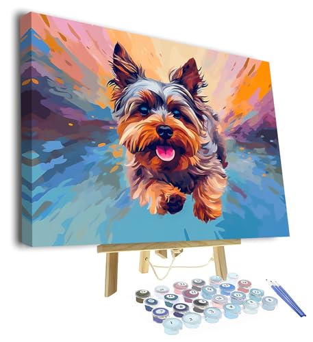 TISHIRON Tiere Malen nach Zahlen mit Pinseln Yorkshire Terrier Hund DIY Malen nach Zahlen für Erwachsene Welpe Malen nach Zahlen Kits auf Leinwand Kunsthandwerk 40 x 50 cm(Rahmen) von TISHIRON