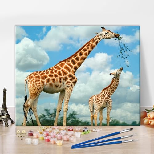 TISHIRON Tiermalerei DIY Malen nach Zahlen für Erwachsene Giraffe Mutter Kind DIY Ölgemälde Malen nach Zahlen Kits Wanddekoration 16x20 inch (ohne Rahmen) von TISHIRON