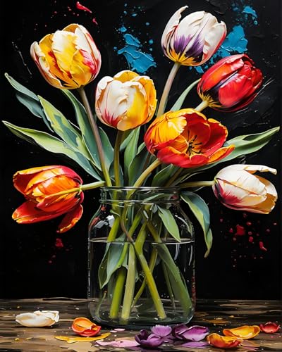 TISHIRON Tulpen Malen nach Zahlen Erwachsene, Fünf farbenfrohe Tulpen Malen nach Zahlen, Malen nach Zahlen de Pinsel und Acrylfarbe, 16X20 Inch Flammen Malen nach Zahlen Erwachsene Familie Freunde von TISHIRON