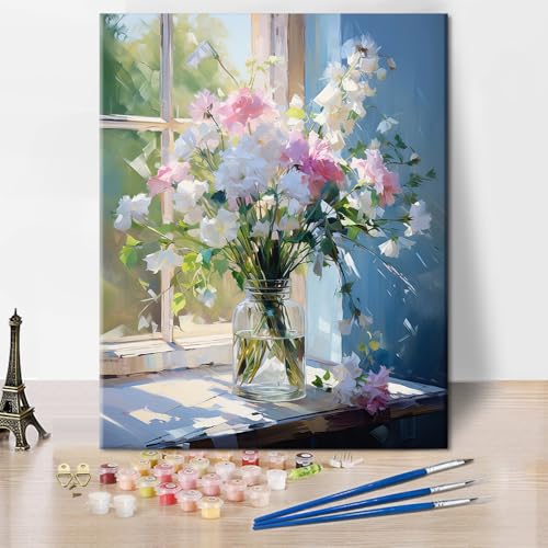 TISHIRON Vase DIY Malen nach Zahlen für Erwachsene Blumen Malen nach Zahlen Kits auf Leinwand Blatt DIY Malen nach Zahlen für Home Decor Floral Drawing Art Crafts 40 x 50 cm(rahmenlos) von TISHIRON