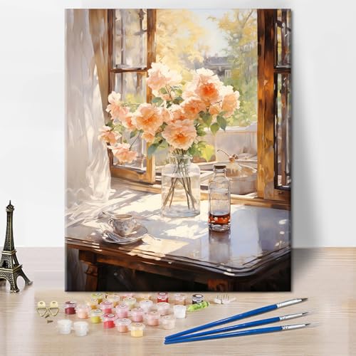 TISHIRON Vase Erwachsene Malen nach Zahlen Kits, DIY Ölmalerei für Erwachsene Blumen, Malen nach Zahlen Blüte Pflanze, Acryl Zeichnung Malerei Kunsthandwerk für Zuhause 40 x 50 cm(rahmenlos) von TISHIRON