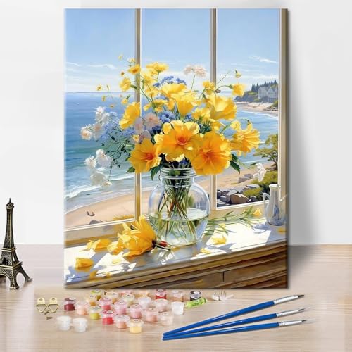 TISHIRON Vase Malen nach Zahlen Erwachsene Seaside Acryl Malen nach Zahlen Kits auf Leinwand Blumen DIY Malen nach Zahlen Kits Seascape Malen nach Zahlen für Home Decor 40 x 50 cm(rahmenlos) von TISHIRON