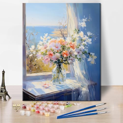 TISHIRON Vase zum Selbermachen, Malen nach Zahlen für Erwachsene, abstraktes Malen nach Zahlen mit bunten Blumen, elegantes Acryl-Malen-nach-Zahlen-Set auf Leinwand, indisches Ölgemälde für von TISHIRON