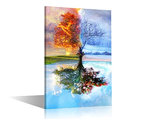 TISHIRON Vier Jahreszeiten Baum Wandkunst Poster Ölgemälde Abstrakte Nordic Wandmalereien Wandkunst Leinwand Druck Wohnkultur Für Wohnzimmer Wanddekoration 90x60cm(36x24in) mit Rahmen von TISHIRON