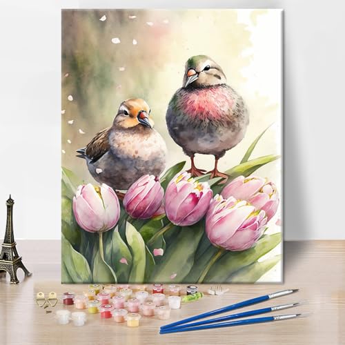 TISHIRON Vögel Malen nach Zahlen für Erwachsene, rosa Tulpen DIY Malen nach Zahlen abstrakte Blumen Ölmalerei Acrylmalerei Kit, 16x20 Inches ohne Rahmen Malen nach Zahlen für Home Decor von TISHIRON