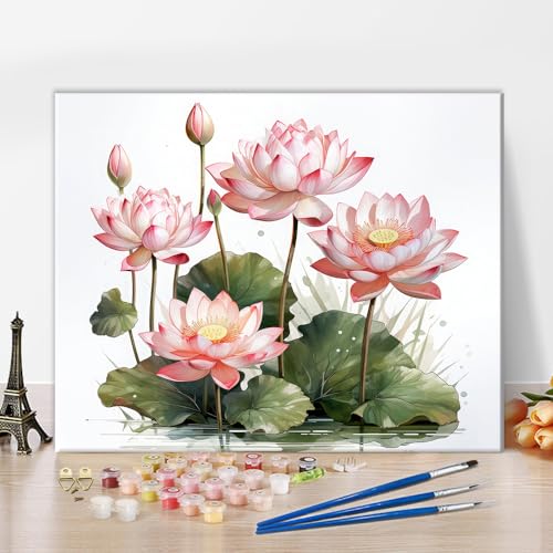 TISHIRON Wasserfarbe Lotus Malen nach Zahlen für Erwachsene Kinder Malen nach Zahlen für Erwachsene Kinder und Anfänger, Ölgemälde Kits für Wohnkultur - 16" x 20" von TISHIRON