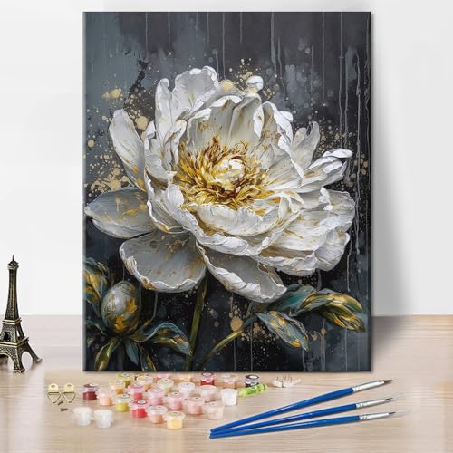 TISHIRON Weiße Blumen Digitale Malerei für Erwachsene Anfänger Ölgemälde Eleganz Gemälde Blumen blühen Digitale Zeichnung Kit DIY Propylen Malerei für digitale Malerei Kunsthandwerk 16x20In von TISHIRON