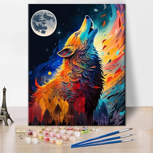 TISHIRON Wolf DIY Malen nach Zahlen Abstrakt Mond Malen nach Zahlen für Erwachsene Bunte Tiere Malen nach Zahlen Kinder auf Leinwand Malen nach Zahlen für Anfänger Ölmalerei Kits Geschenk 16 "x20 von TISHIRON