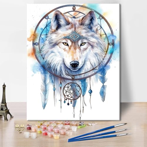 TISHIRON Wolf Malen nach Zahlen Erwachsene Tiere DIY Malen nach Zahlen Traumfänger Acryl Malen nach Zahlen Kits auf Leinwand Federn Ölmalerei nach Zahlen Kunsthandwerk 40 x 50 cm(rahmenlos) von TISHIRON