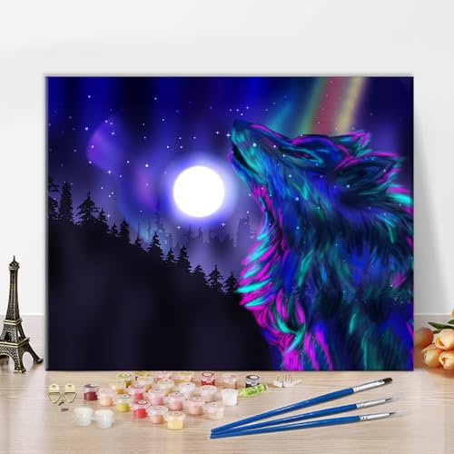 TISHIRON Wolf Malen nach Zahlen für Erwachsene, Wolf im Vollmond DIY Ölmalerei Acryl Heulender Wolf Malen nach Zahlen Kits für Kinder Erwachsene Anfänger für Home Wall Decor 16x20 Zoll von TISHIRON