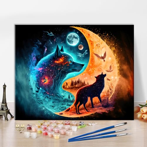 TISHIRON Wolf Ölfarbe nach Zahlen Kit für Erwachsene Yin Yang Orange Blau Tiere Farbe nach Zahlen Abstrakte Bunte Wolf Farbe nach Zahlen Kits auf Leinwand DIY Farbe nach Zahlen Anfänger 16x20 inch von TISHIRON