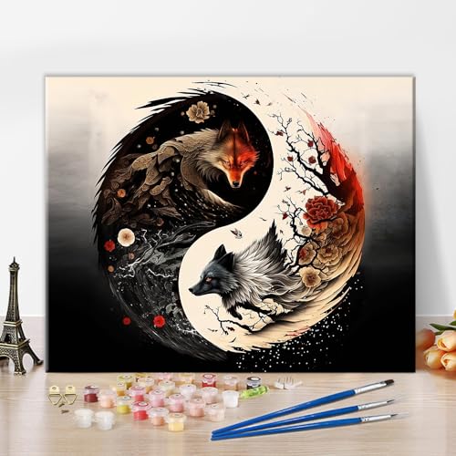 TISHIRON Yin Yang Auge DIY Malen nach Zahlen Erwachsene Anfänger Kinder, Tier Malen nach Zahlen auf Leinwand mit Pinsel und Acryl Pigment Geschenk - Fuchs und Wolf - 16x20inch rahmenlos von TISHIRON