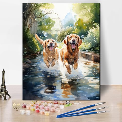 TISHIRON Zwei Golden Retriever spielen im Wasser - Digitale Zeichnung für Erwachsene und Kinder im Alter von 8-12 DIY Kunsthandwerk Anfänger Hund Digitale Zeichnung Kit auf Leinwand 16 "x20 von TISHIRON