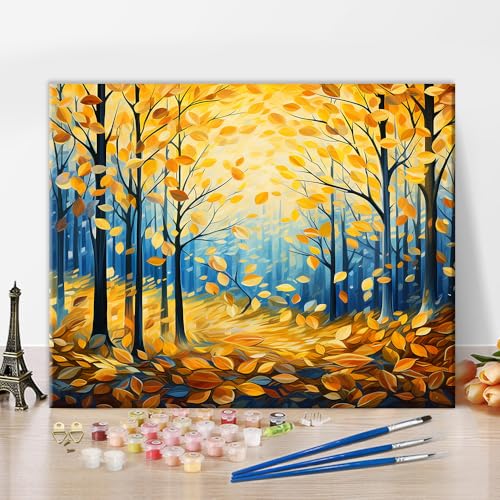 Wald Malen nach Zahlen Gelbe Blätter Erwachsene DIY Herbst Öl Leinwand Gemälde Set Acrylic Gefallene Blätter Malen Malerei Heimwerk Kit Wanddekoration Ölgemälde für Anfänger(Rahmenlos) 40x50 cm von TISHIRON