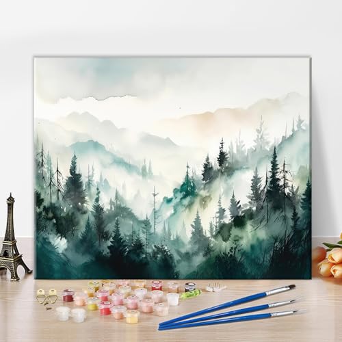 Wald Malen nach Zahlen für Erwachsene Anfänger, Wald mit Nebel DIY Malen nach Zahlen Kits für Kinder abstrakte Landschaft malen Kits Leinwand Geschenke Kunsthandwerk für Home Living Room Decor 16"x20" von TISHIRON