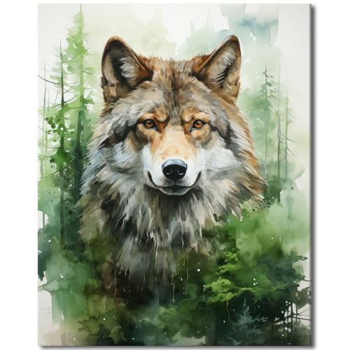 Wölfe im Wald Farbe nach Zahlen Kits Leinwand DIY Tier Ölgemälde Farbe nach Zahlen für Erwachsene Anfänger mit Pinseln und Acrylpigment für Student Schlafzimmer Home Decor 16x20 inch rahmenlos von TISHIRON