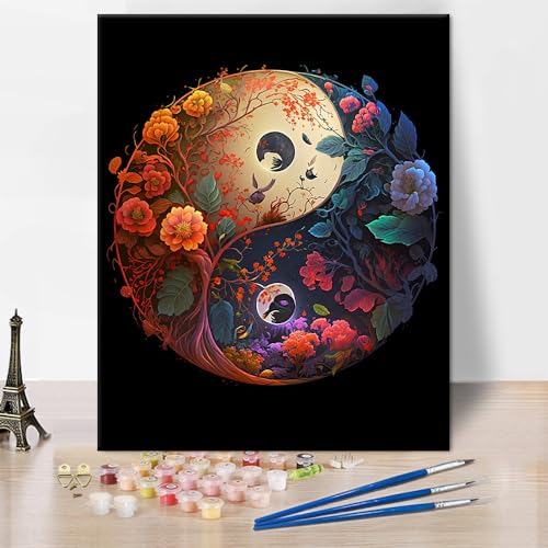 Yin Yang Malen nach Zahlen für Erwachsene, schöne Blumen Acryl Malen nach Zahlen Kits Tai Chi Blumen Ölmalerei Malen nach Zahlen für Erwachsene Anfänger abstrakte Kunstwerk Wanddekoration, 16 "x 20" von TISHIRON