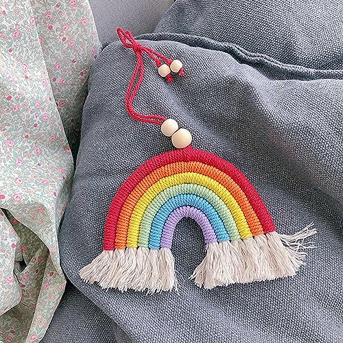 TITA-DONG Bunte Web-Auto-Anhänger-Dekoration, Handgefertigter Regenbogen-Auto-Anhänger, Hängender Regenbogen-Ornament-Anhänger, Spiegel-Aufhänger mit Holzperlen-Quaste für Auto-Dekoration von TITA-DONG