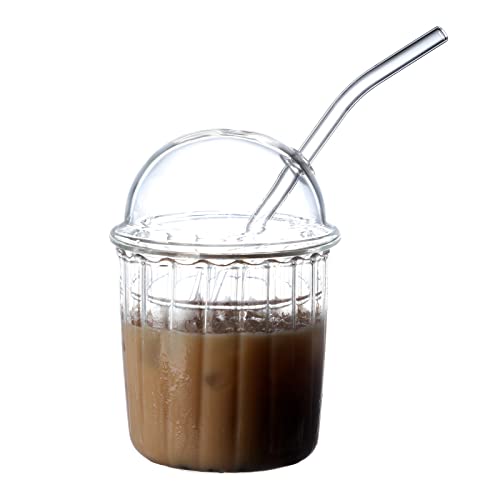 TITA-DONG Niedliche Trinkgläser mit Glaskuppeldeckel und Strohhalm, Wiederverwendbare Smoothie-Becher mit Breiter Öffnung, 425 Ml, Glas, Kaffee-Eisbecher, Glas-Bubble-Teebecher für Cola, Soda,(Weiss) von TITA-DONG