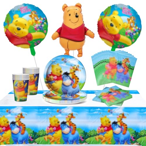 44 Pcs Karikatur Kindergeburtstag Partygeschirr, Cartoon Geschirr und Deko, Little Bear Partygeschirr Set Mit Tischtuch Teller Servietten Pappbecher, und Cartoon Bär Ballon für 10 Gäste von TIVUNORON