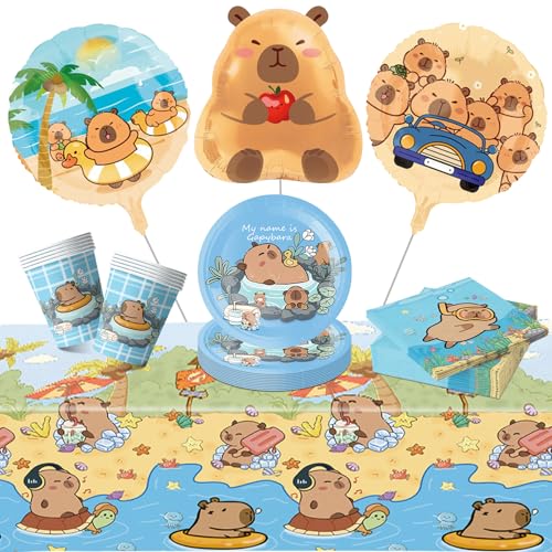 TIVUNORON 44 Pcs Capybara Party Geschirr Set, Capybara Cartoon Partygeschirr, Mit Pappteller Serviette Becher Tischdecke Folienballon, Kinder Geburtstag Dekoration Partyzubehör für 10 Gäste von TIVUNORON