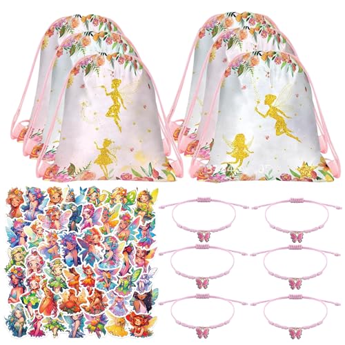 TIVUNORON 62 Pcs Fairy Party Geschenk, Blumenfee Party Mitgebsel für Mädchen, Auch 6 Fee Kordelzug Tasche, 6 Schmetterlingsarmband für Kinder, Feen Cartoon Aufkleber, Elf Party Supplies Giveaway von TIVUNORON