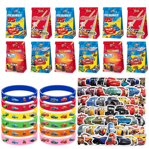 TIVUNORON 74Pcs Car Kindergeburtstag Mitgebsel Set, Racing Car Kinder Party Geschenke, Rennauto Cartoon Silikon Armband Geschenktüten Aufklebe, Für Lightning Car Themen Party Jungen von TIVUNORON