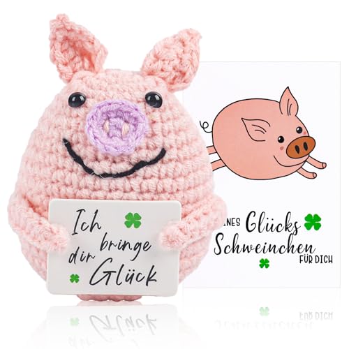 TIVUNORON Pocket Hug Glücksschweinchen, Strickwolle Schwein Puppe, Positives Schwein Geschenke mit Energiekarte, Pocket Hug Schwein für Jungen und Mädchen Desktop Dekoration von TIVUNORON