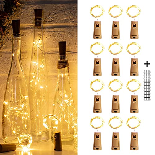 12 Stück Flaschenlicht, 2M 20LED Flaschenlichterkette Korken Batteriebetrieben, Weinflasche Lichtkette Glas Korken Licht, Kupferdraht Drahtlichterkette für Flasche Deko für Party Hochzeit, Warmweiß von TIYUPA