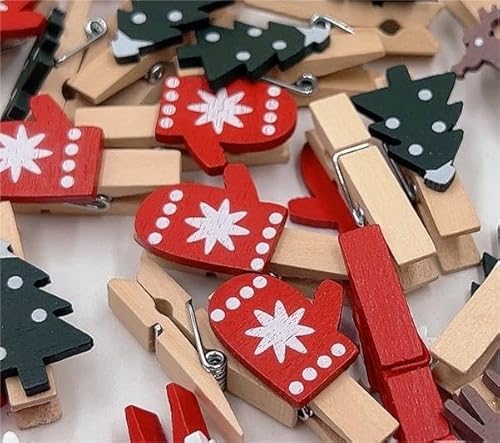 100 Stück Weihnachten Holz Clips, Weihnachtsdeko Holzklammern, Weihnachtsklammern Clips Dekorieren, mit 10 Meter Hanf Schnur, für Dekorieren Weihnachten, Fotowänden, Postkarten, Papiertüten von TIutmivo