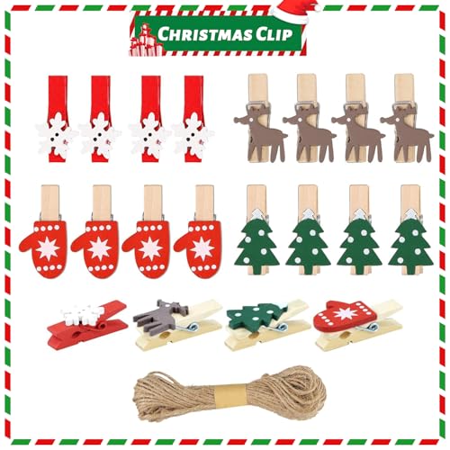 TIutmivo 100 Stück Weihnachten Holz Clips, Weihnachtsdeko Holzklammern, Weihnachtsklammern Clips Dekorieren, mit 10 Meter Hanf Schnur, für Dekorieren Weihnachten, Fotowänden, Postkarten, Papiertüten von TIutmivo