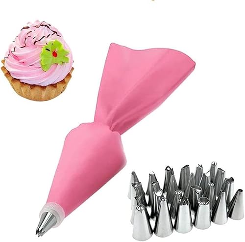 TJLVYCNB Kuchen-Spritztüllen, 26 Stück/Set Silikon-Spritzbeutel-Spitzen, Kuchen-Spritztüllen, Wiederverwendbare Spritzbeutel + 24 Düsen-Set, Spritztüllen-Set, tragbar(Pink 26pcs) von TJLVYCNB